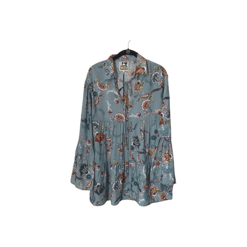 Jaase Top Womens Size Small Blue Floral Boho Tassel Tie Bell Sleeve Bohemian